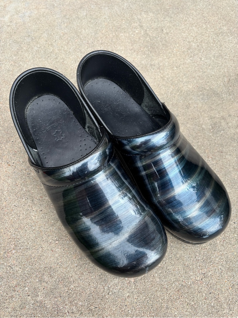 Dansko metallic blue and silver striped professional clogs